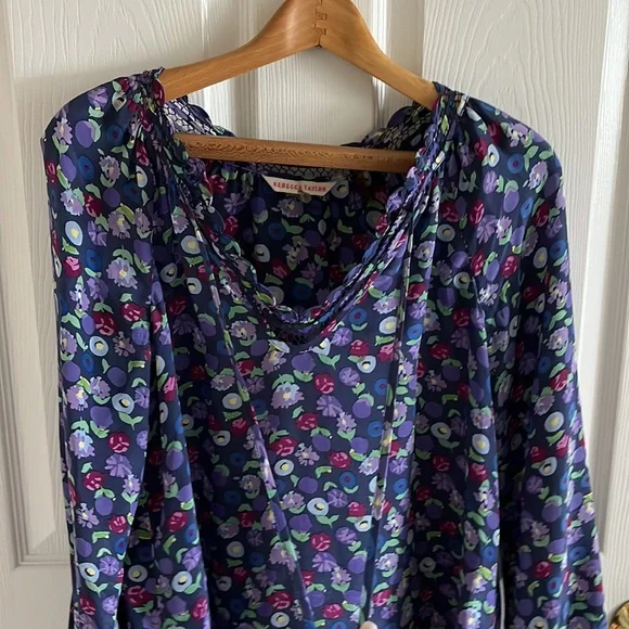 Rebecca Taylor 100% Silk Purple Floral Longsleeve V-Neck Size 6 - Picture 5 of 7
